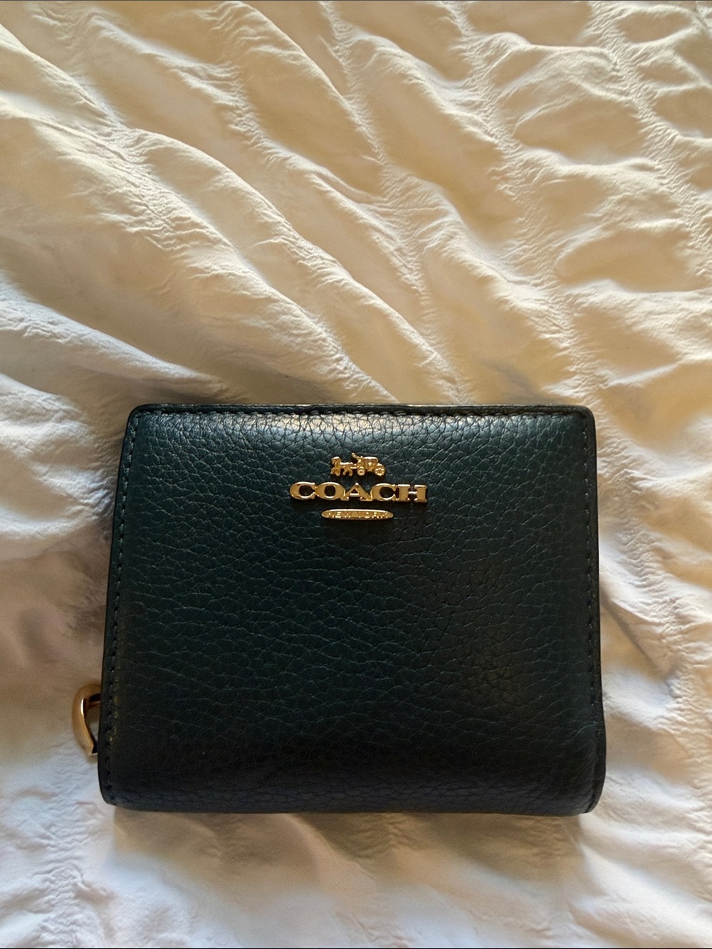 Coach Black Leather Compact Wallet with Gold Logo